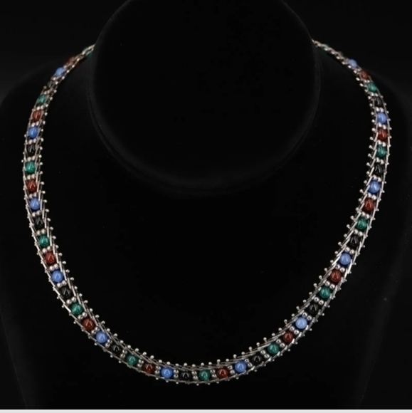 Sterling silver Milor, multicolor glass bead 17" Riccio Chain Necklace 27g. - Picture 5 of 6